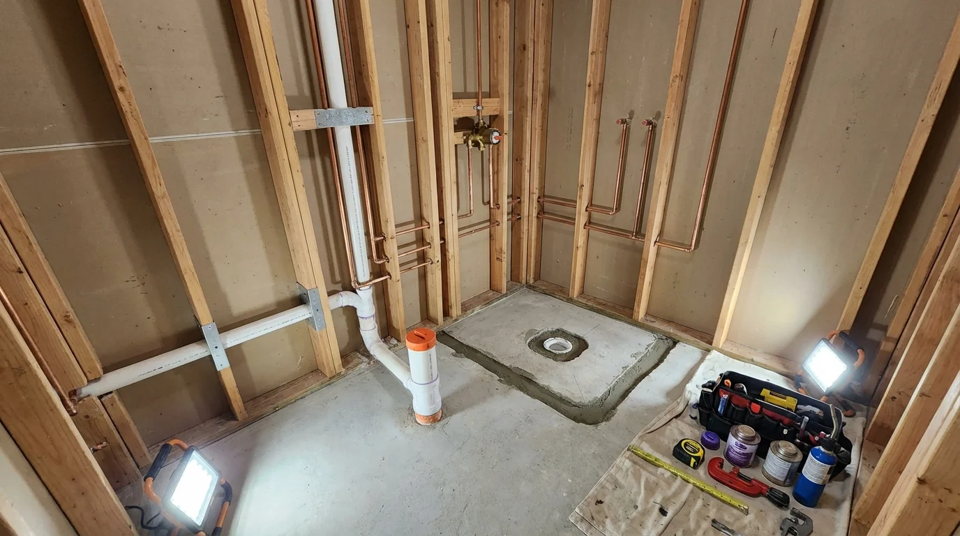 Bathroom rough-in plumbing during remodel by Johns Plumbing LLC in Elmsford