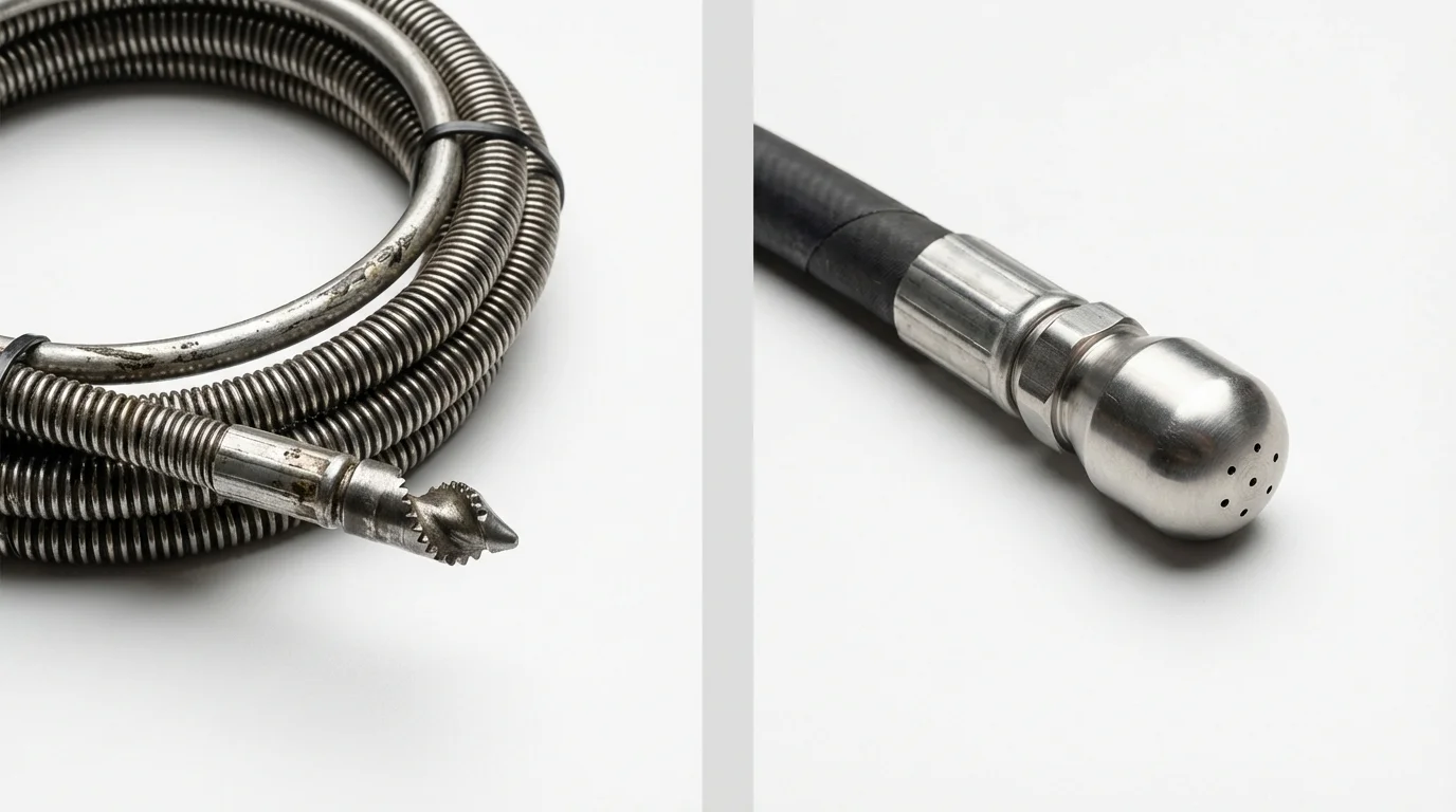 Drain snake cable and hydro jetting nozzle used for drain cleaning in Elmsford, NY