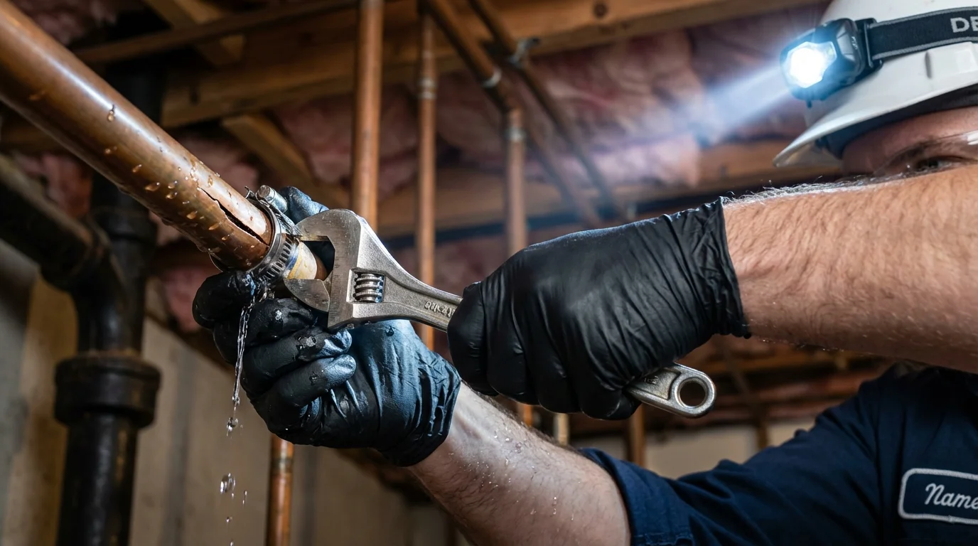 Emergency pipe clamp repair being performed by a Johns Plumbing LLC plumber in Elmsford