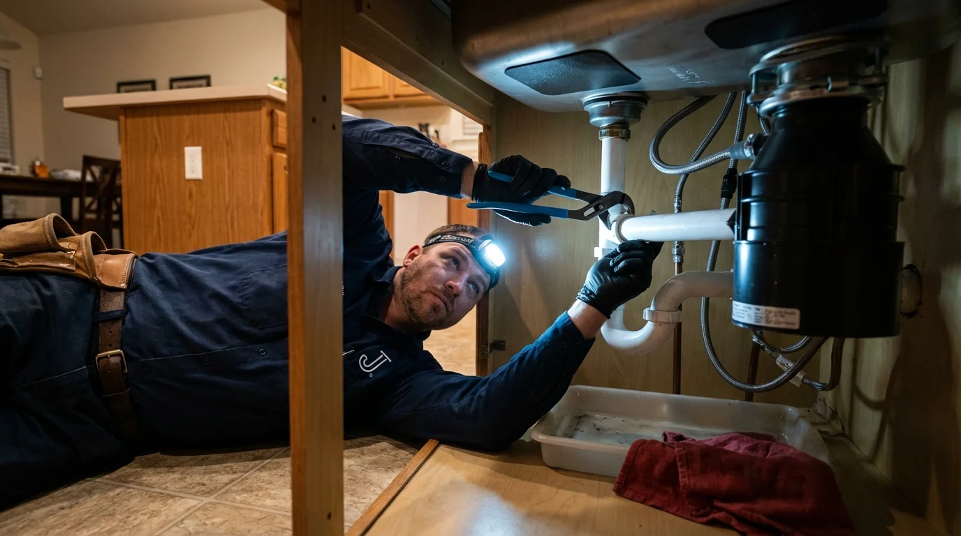 P-trap and supply line connections under a kitchen sink showing a common leak point in Elmsford, NY